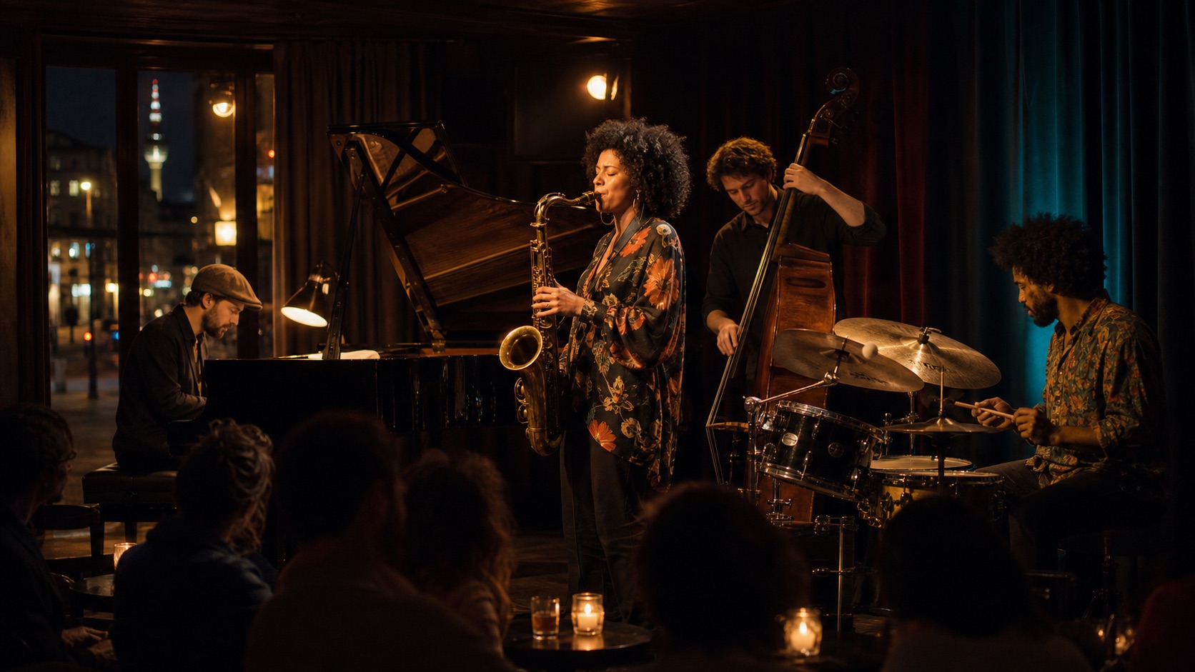 Jazz musicians performing on a warm-lit club stage in Berlin