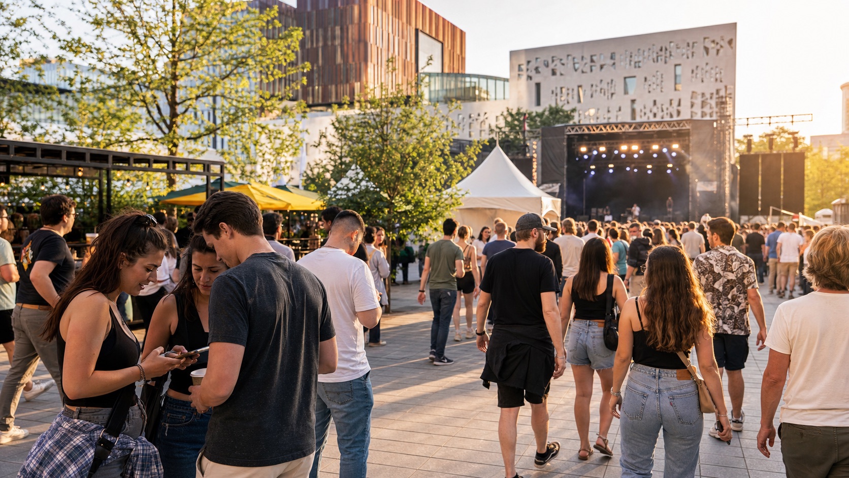 Festivalgoers walking between outdoor stages at a Francos de Montreal-style summer music festival in Quartier des spectacles