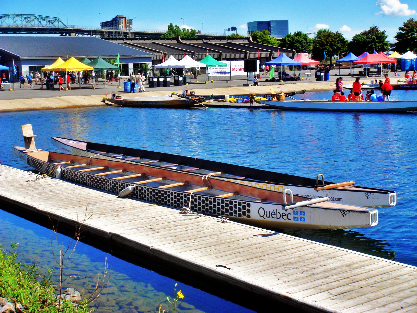 Dragon boats at the Olympic Basin in Parc Jean-Drapeau in Montreal