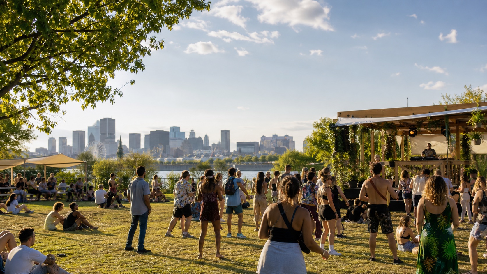 People enjoying a summer outdoor music event in Montreal with the skyline beyond.