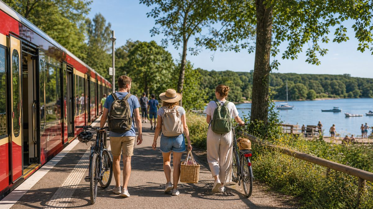 Travelers arriving by train for a summer lake day trip outside Berlin