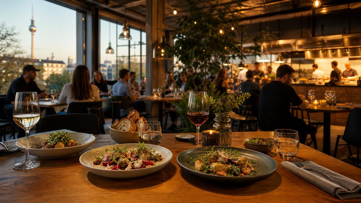 Dinner plates and wine in a Berlin restaurant with the TV Tower visible outside.