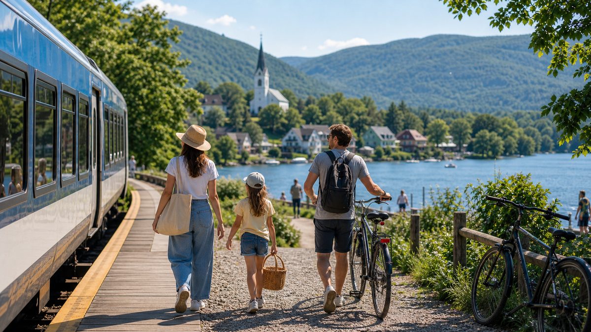 Family arriving by train for a summer lake day trip near Montreal